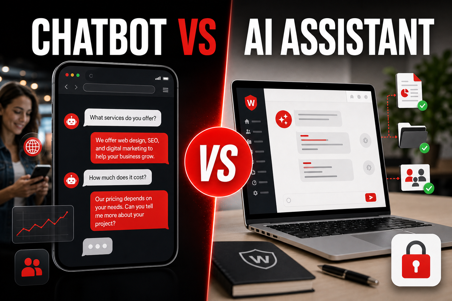 Websiteli social title card reading AI Chatbot vs Internal AI Assistant with a split comparison of public questions, lead handoff, private documents and access control.
