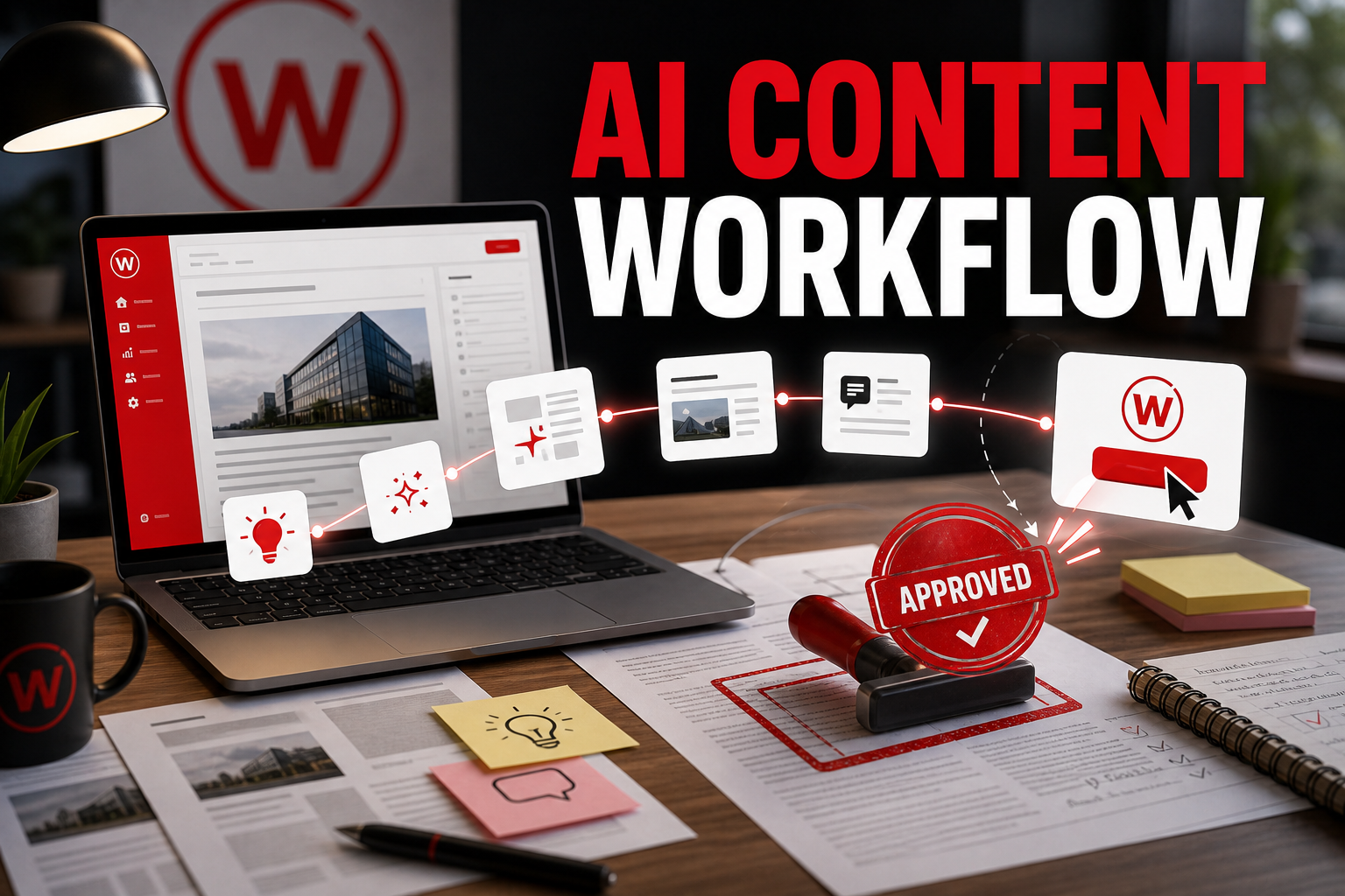 Websiteli social title card reading AI Content Workflow for Small Businesses with a human-approved pipeline from sources to draft, review, publish and measurement.