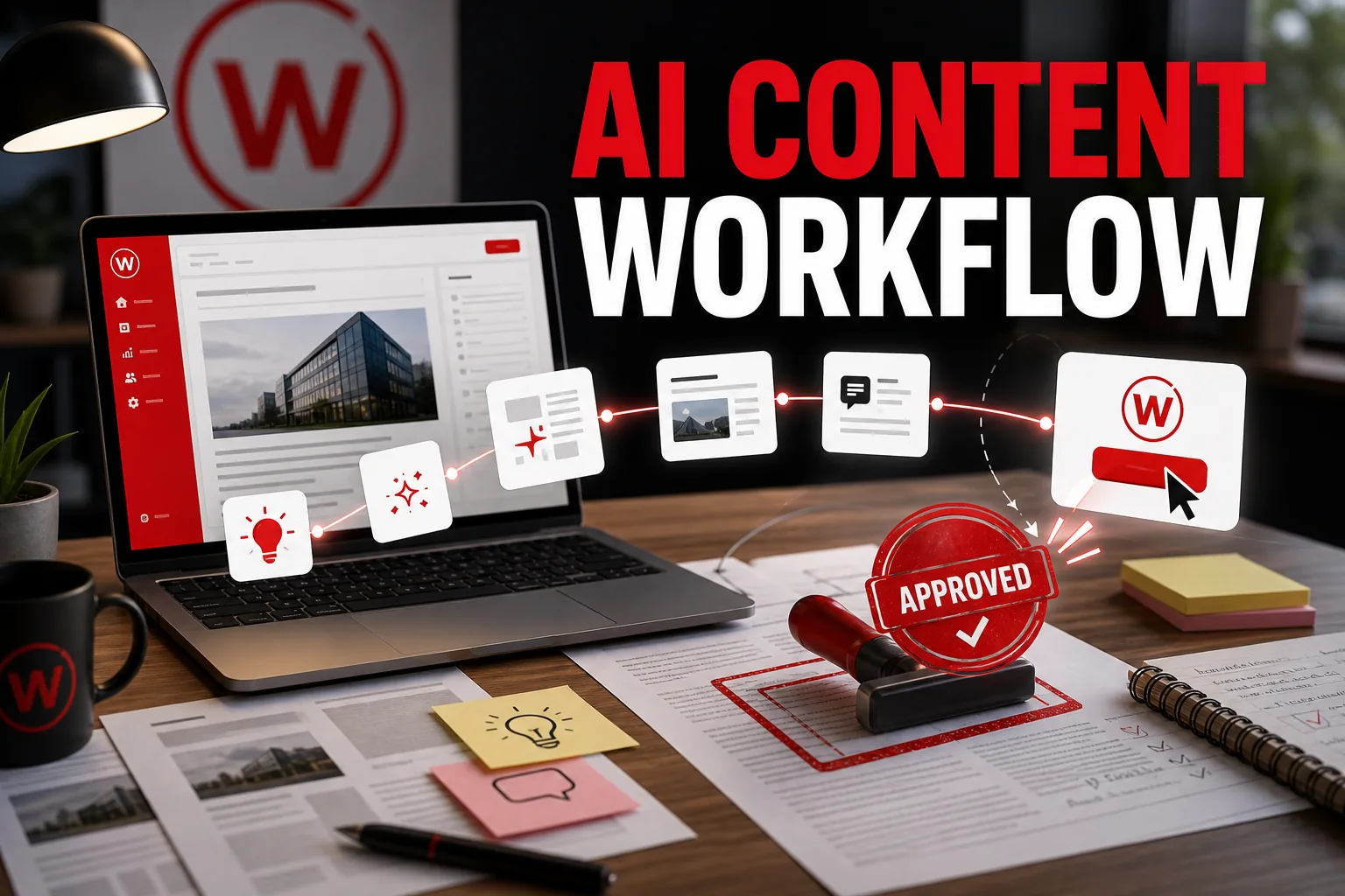 AI content production workflow showing sources, draft creation, review, publishing and performance measurement.