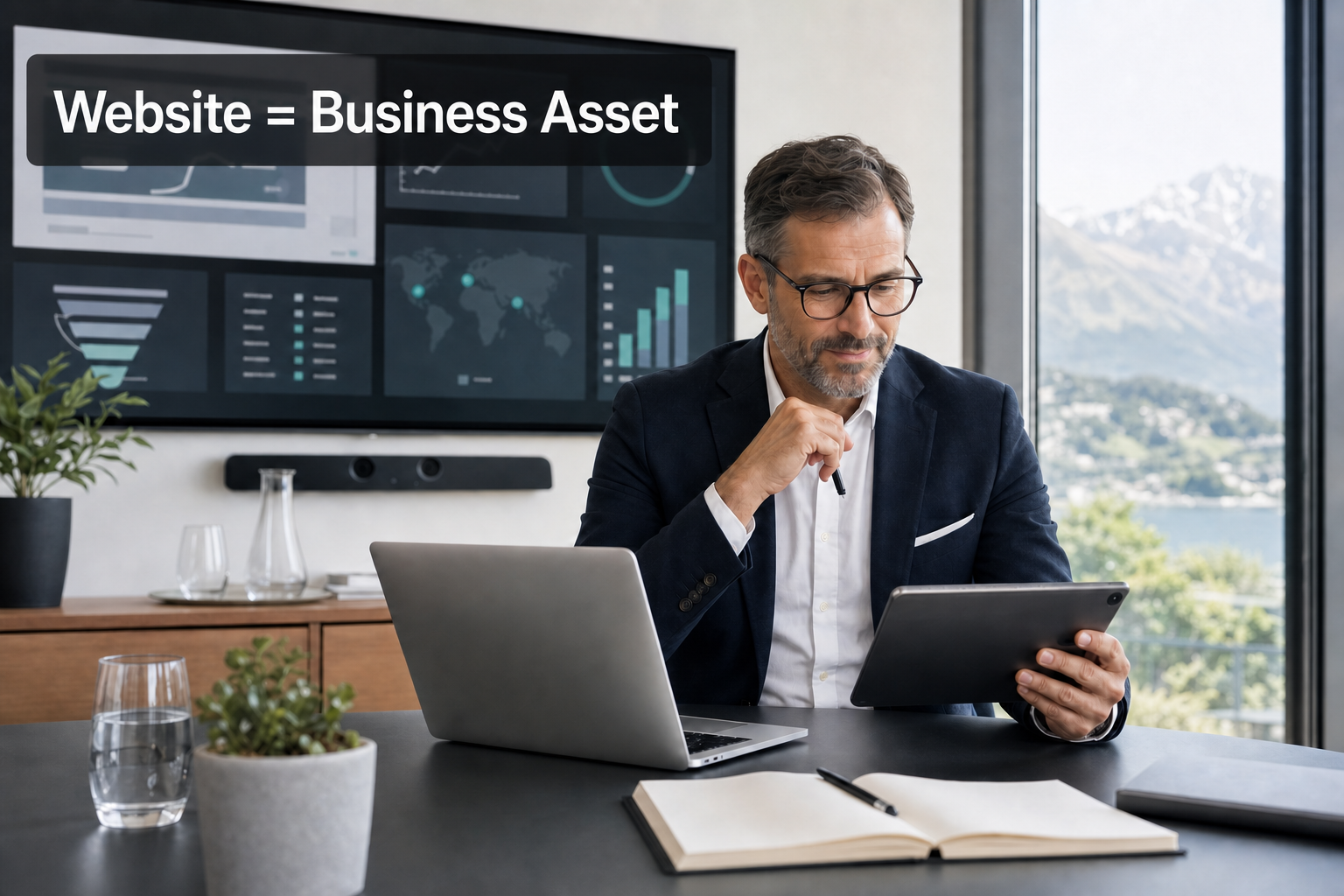 CEO reviewing website analytics with overlay text reading Website equals Business Asset.