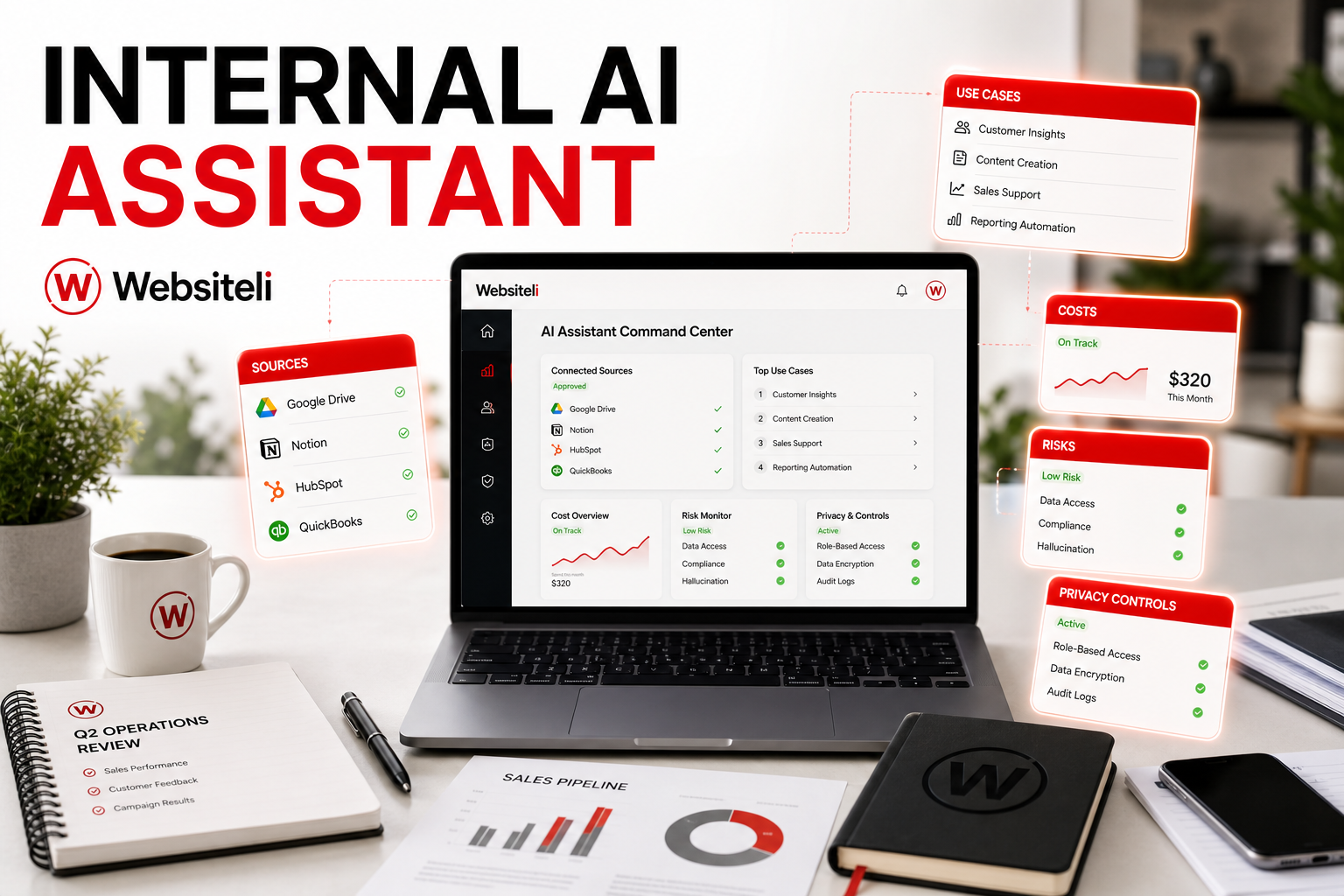 Websiteli social title card reading Internal AI Assistant for Small Businesses with use cases, costs, risks, privacy, controlled sources and ownership cues.