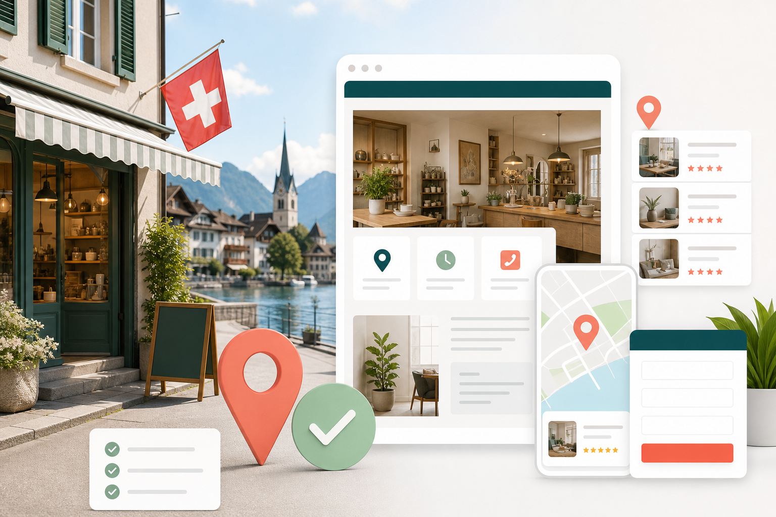 Local business website checklist showing services, location, reviews, mobile usability, and contact options.