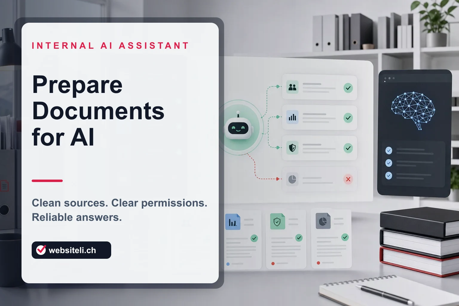 Social title card reading Prepare Documents for AI with the caption Clean sources, clear permissions and reliable answers beside an internal AI assistant workflow.
