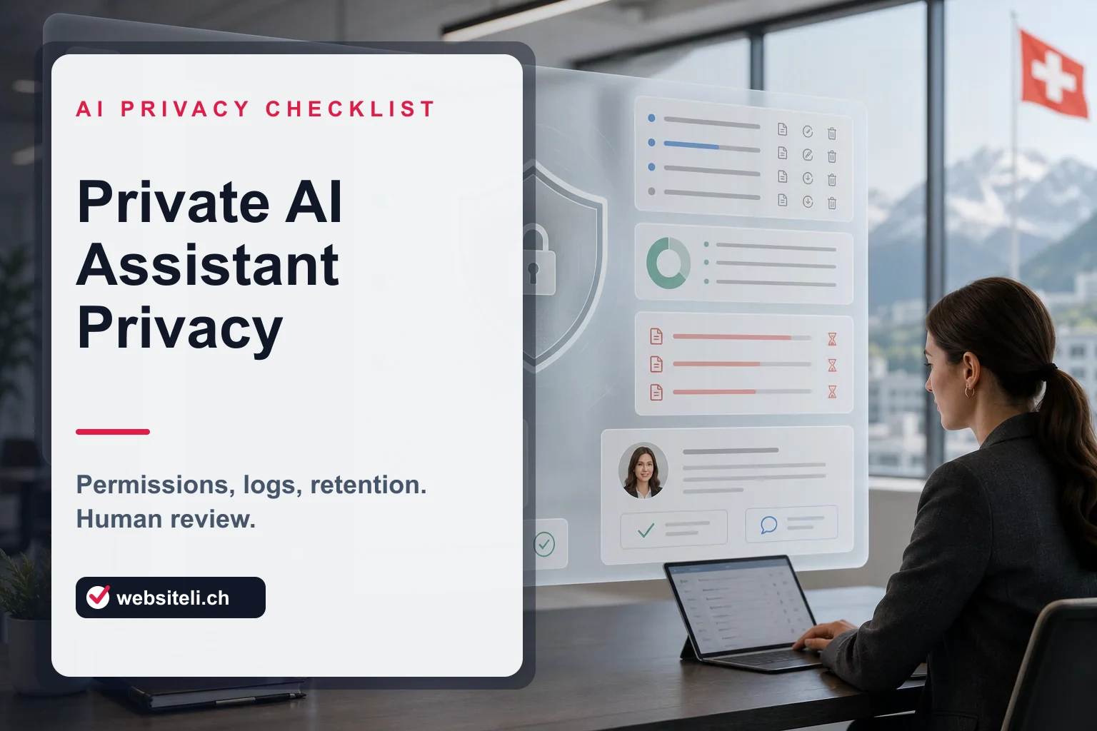 Social title card reading Private AI Assistant Privacy with the caption Permissions, logs, retention and human review beside a privacy dashboard.