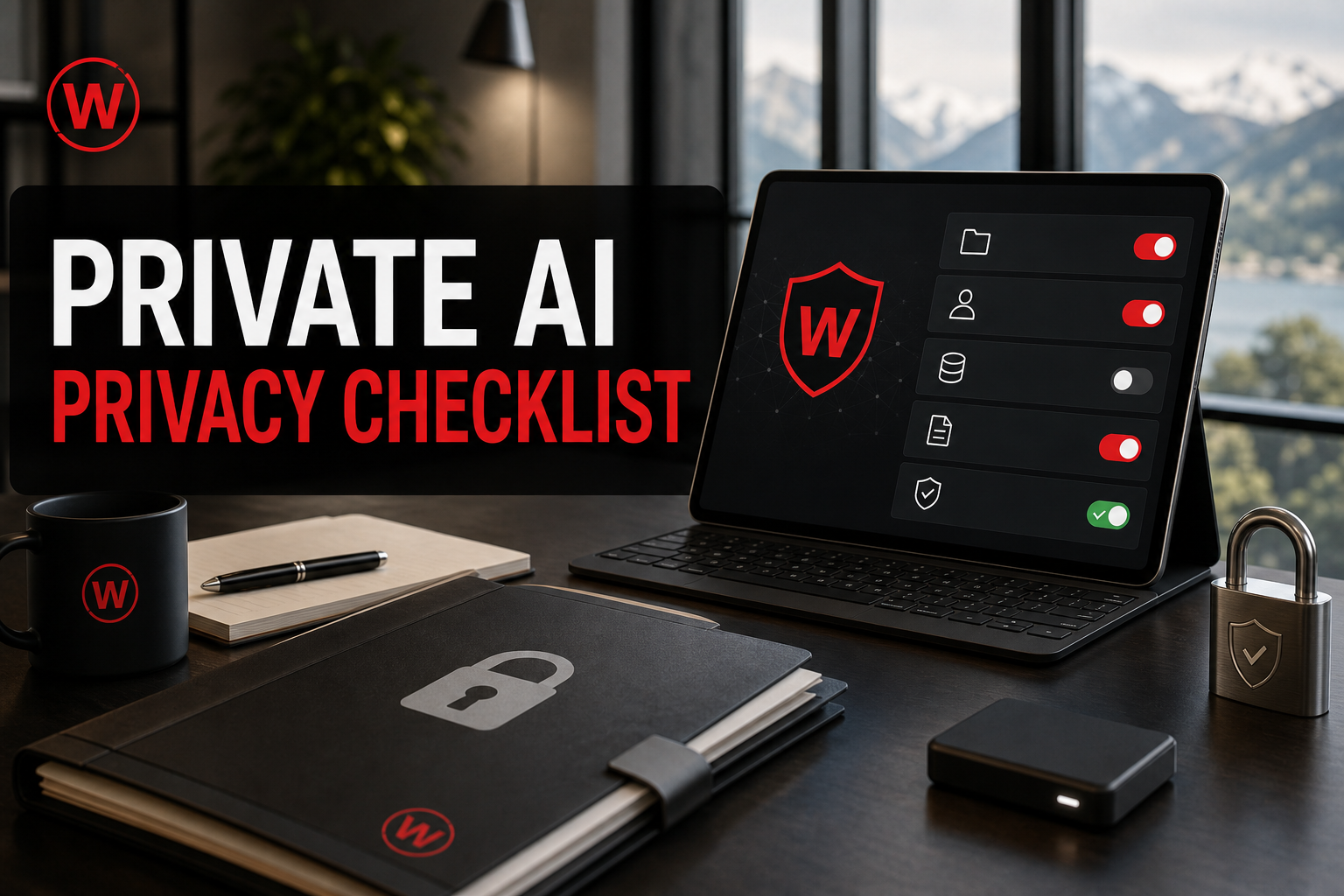 Websiteli social title card reading Private AI Assistant Privacy Checklist with a privacy dashboard, shield, permissions, retention, logging and human review checks.