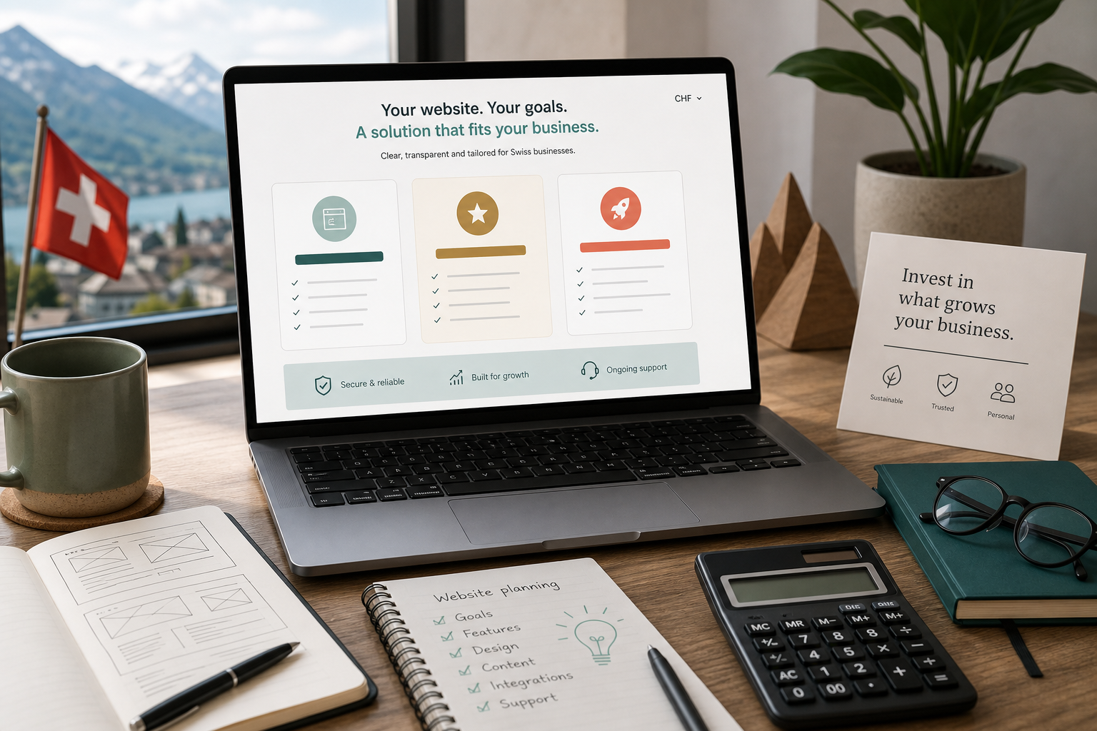 Swiss business website pricing guide showing package scope, CHF starting prices, and maintenance factors.