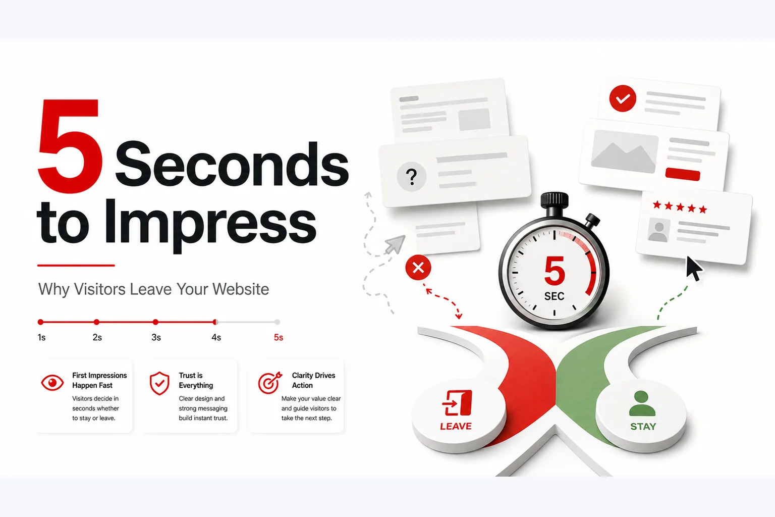 Stopwatch and website panels showing a five-second first-impression review for a business homepage.