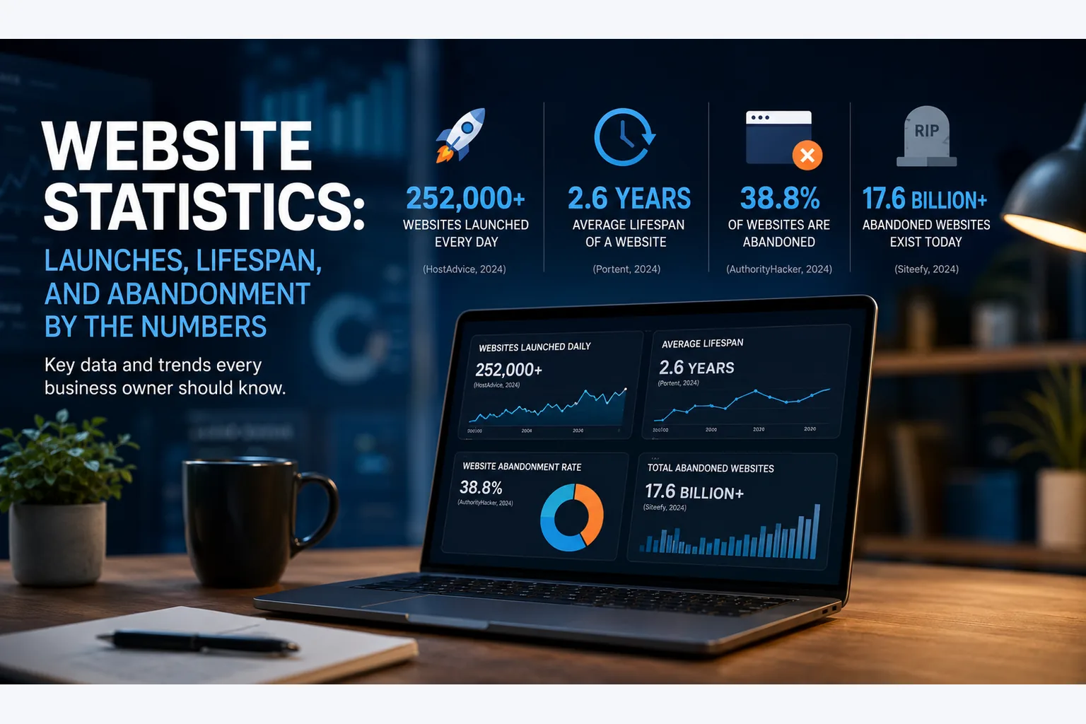 Infographic showing the lifecycle of a website from launch to discovery, maintenance, decay, and renewal.
