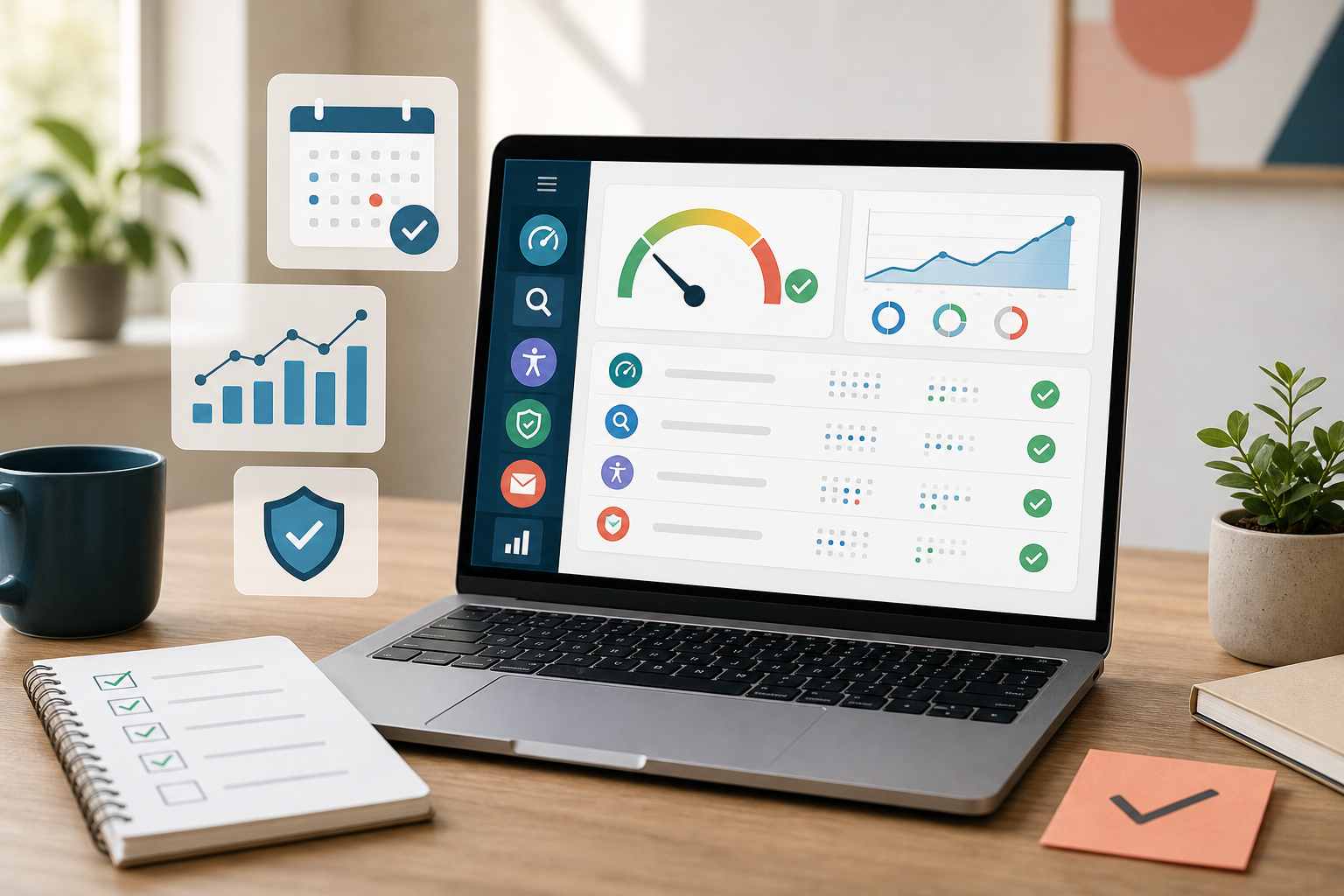 Laptop showing a website maintenance dashboard with checklist items, performance, analytics, SEO, accessibility, security and contact icons.