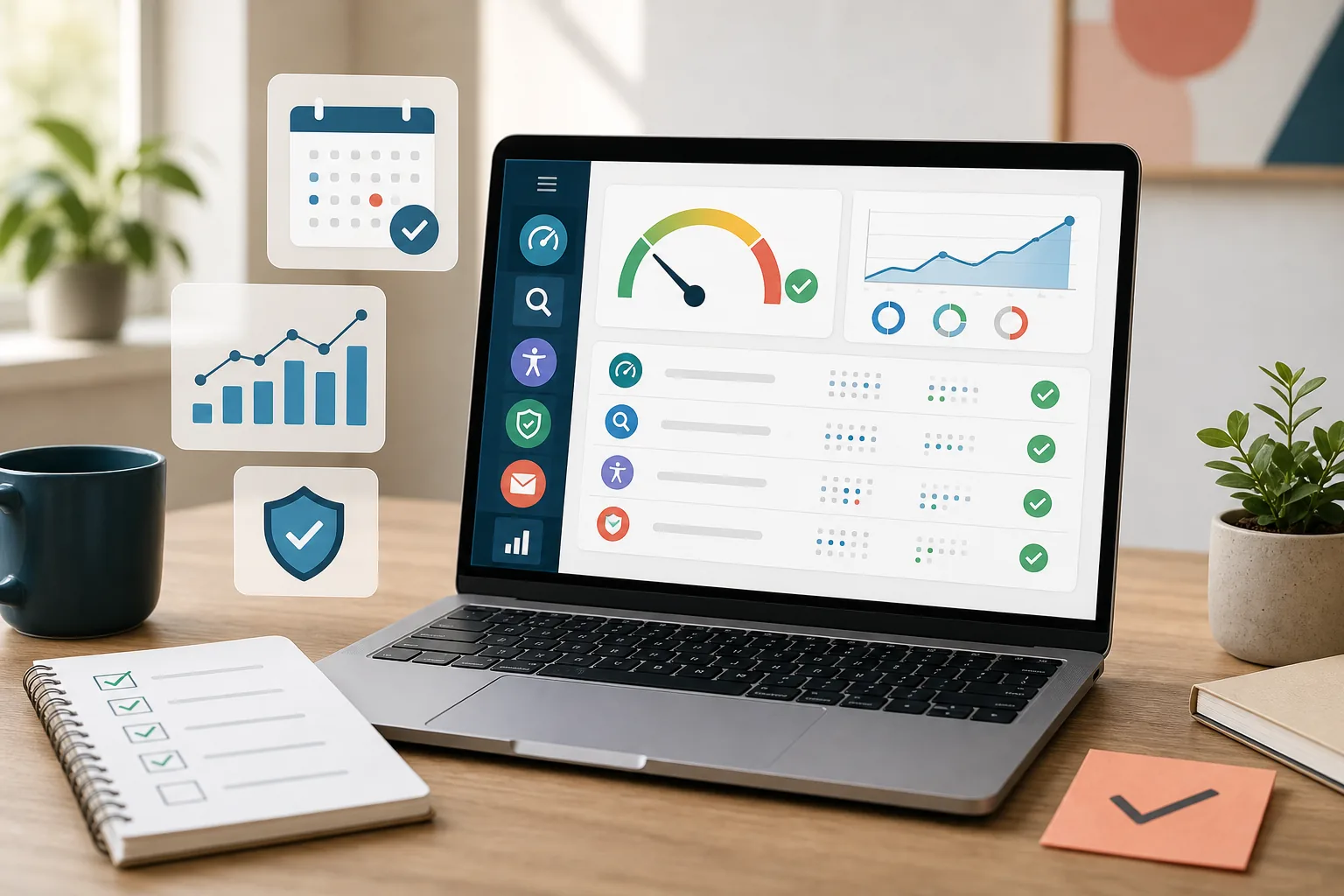 Laptop showing a website maintenance dashboard with checklist items, performance, analytics, SEO, accessibility, security and contact icons.
