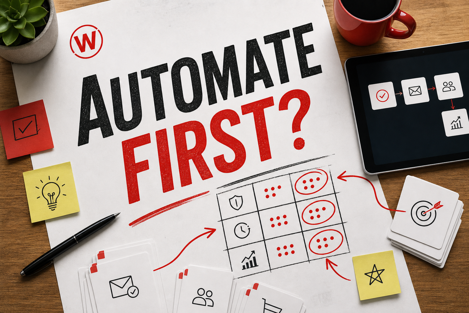 Websiteli social title card reading What Should You Automate First with a small-business automation checklist for frequent, stable, measurable and low-risk tasks.