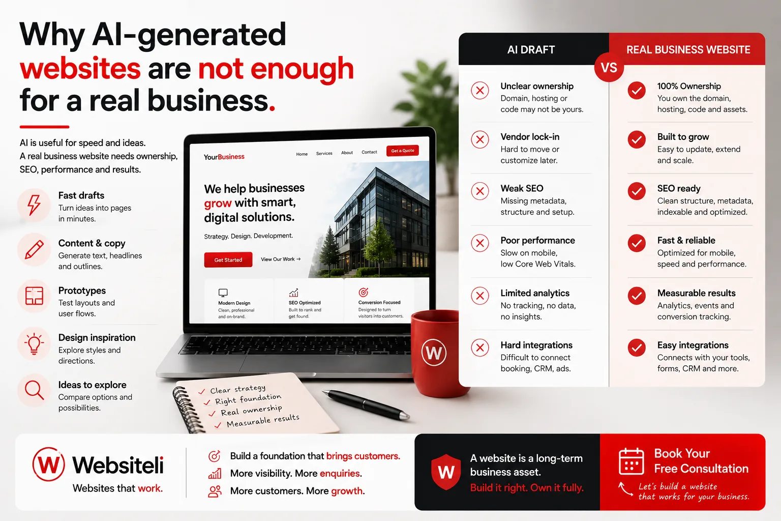 Comparison graphic showing an AI website draft beside the business foundations still needed for a reliable website.