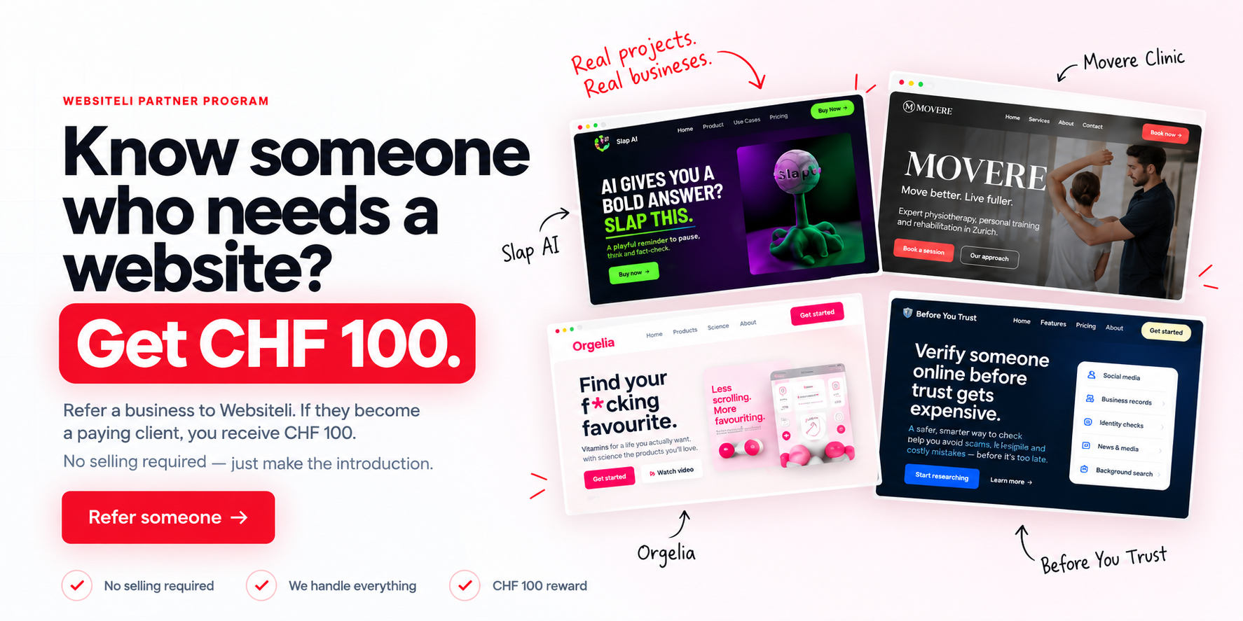 Programme partenaire Websiteli : recommandez une personne ayant besoin d'un site web et recevez CHF 100, avec Slap AI, Movere Clinic, Orgelia et Before You Trust.