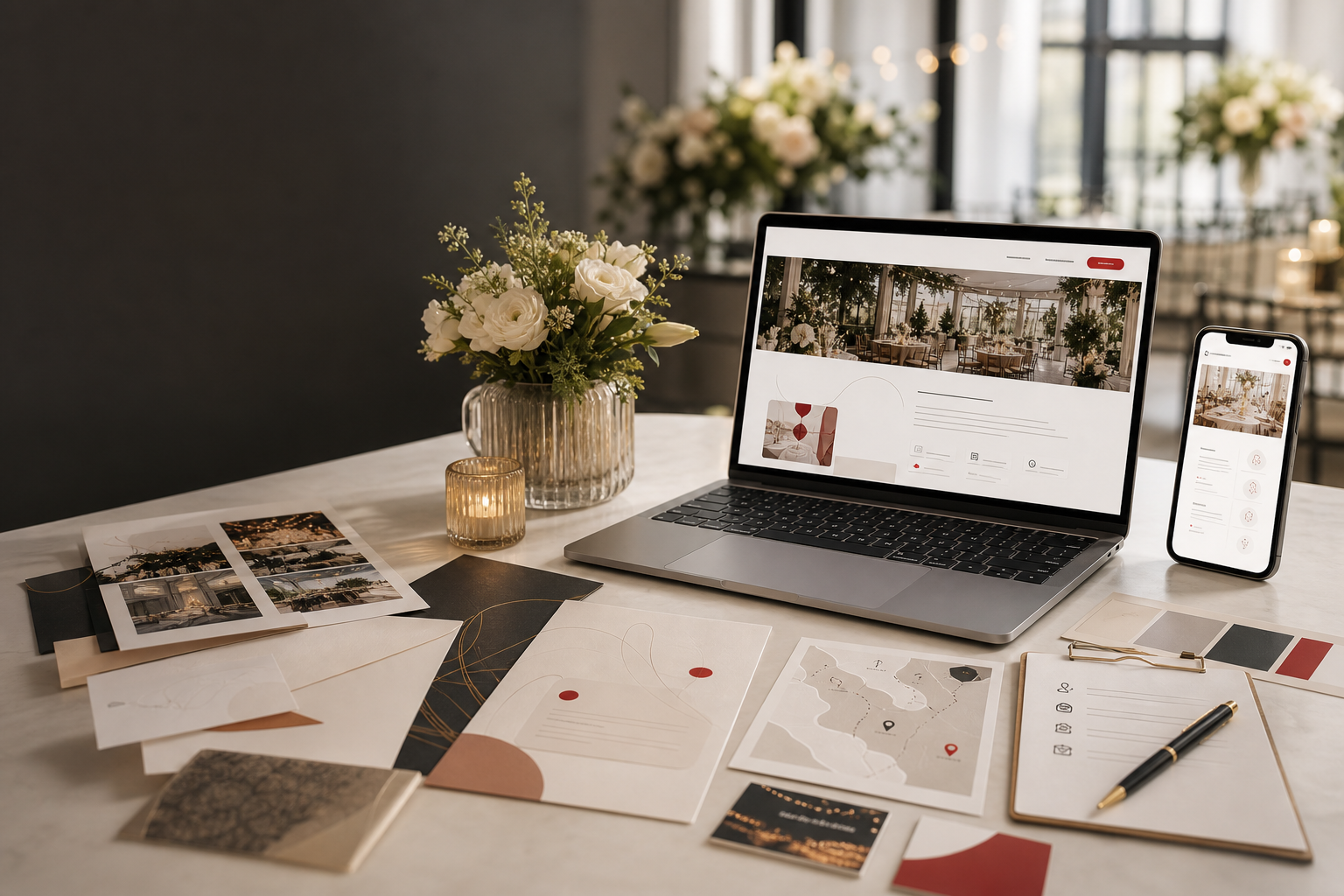 Elegant event planning table with a laptop showing a custom event website, invitation materials, flowers, maps and planning notes.