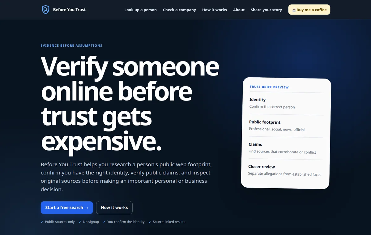 Before You Trust project preview showing the public-web identity research search experience.