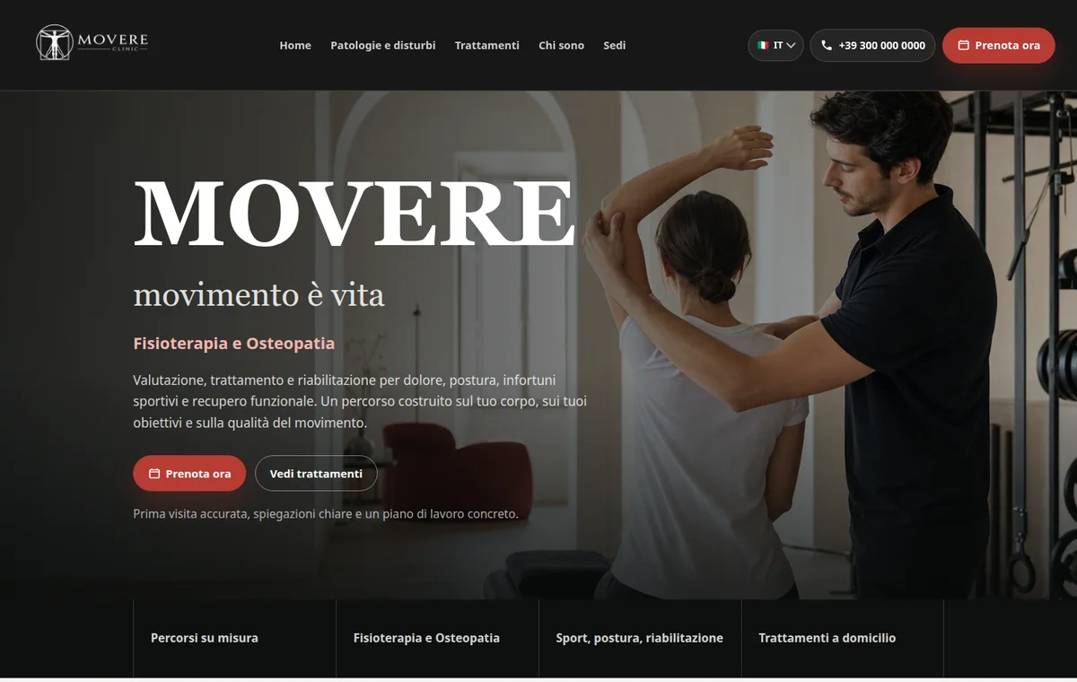 Movere Clinic homepage screenshot showing the hero section and healthcare service positioning.
