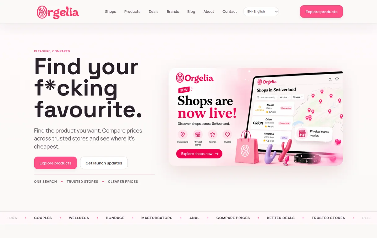 Orgelia project preview showing the multilingual shop and intimate-product discovery experience.