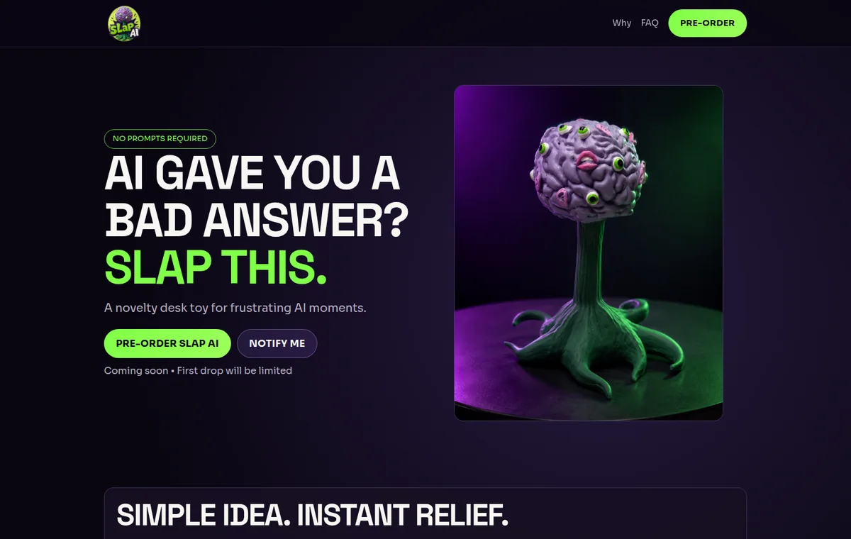 Slap AI product landing page screenshot with bold physical product positioning and early demand messaging.