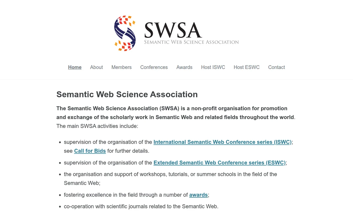 Semantic Web Science Association homepage screenshot with association content and event information.