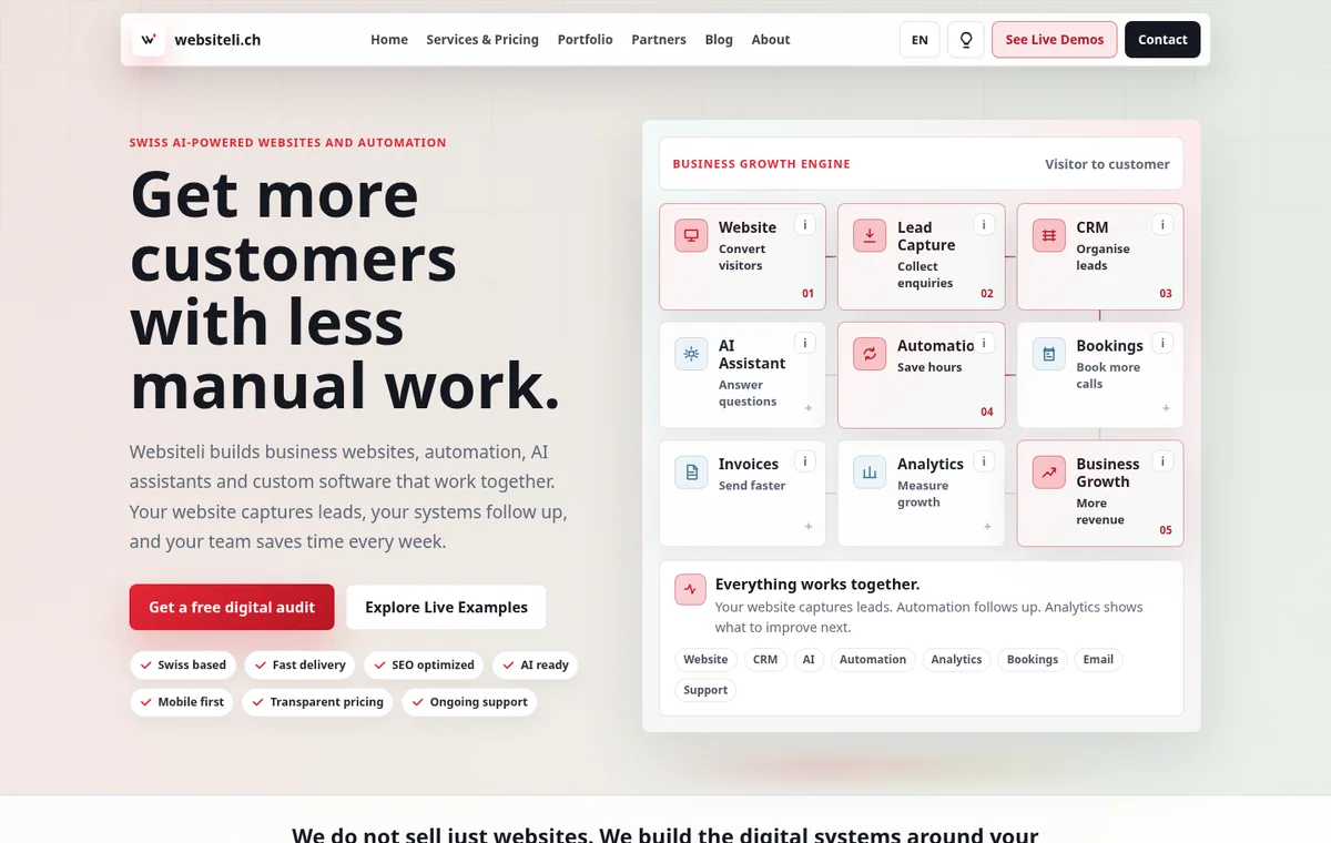Websiteli agency homepage screenshot showing the website-first hero and service positioning.